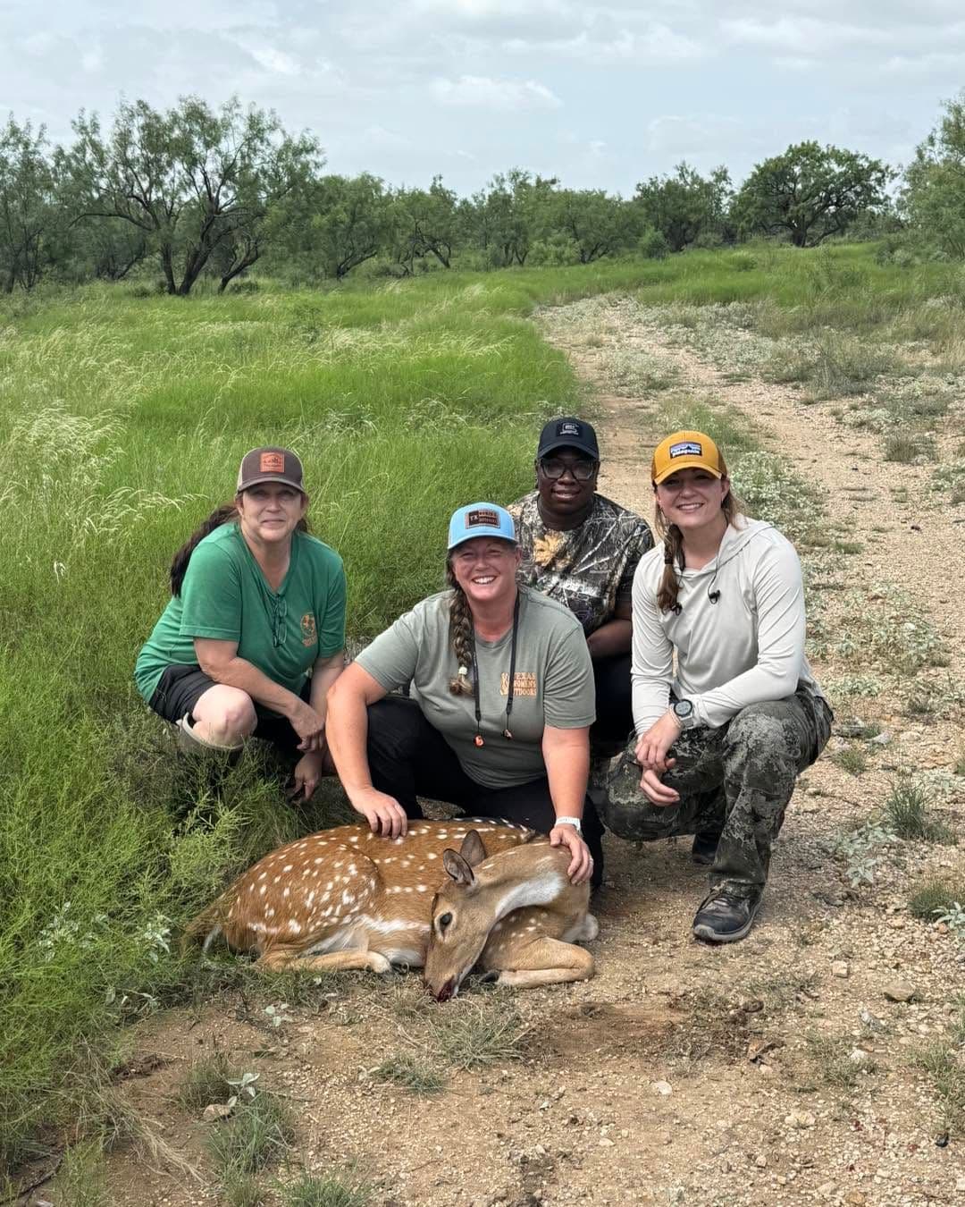  Four women hunters kneeling beside a harvested axis deer on a grassy Texas ranch trai