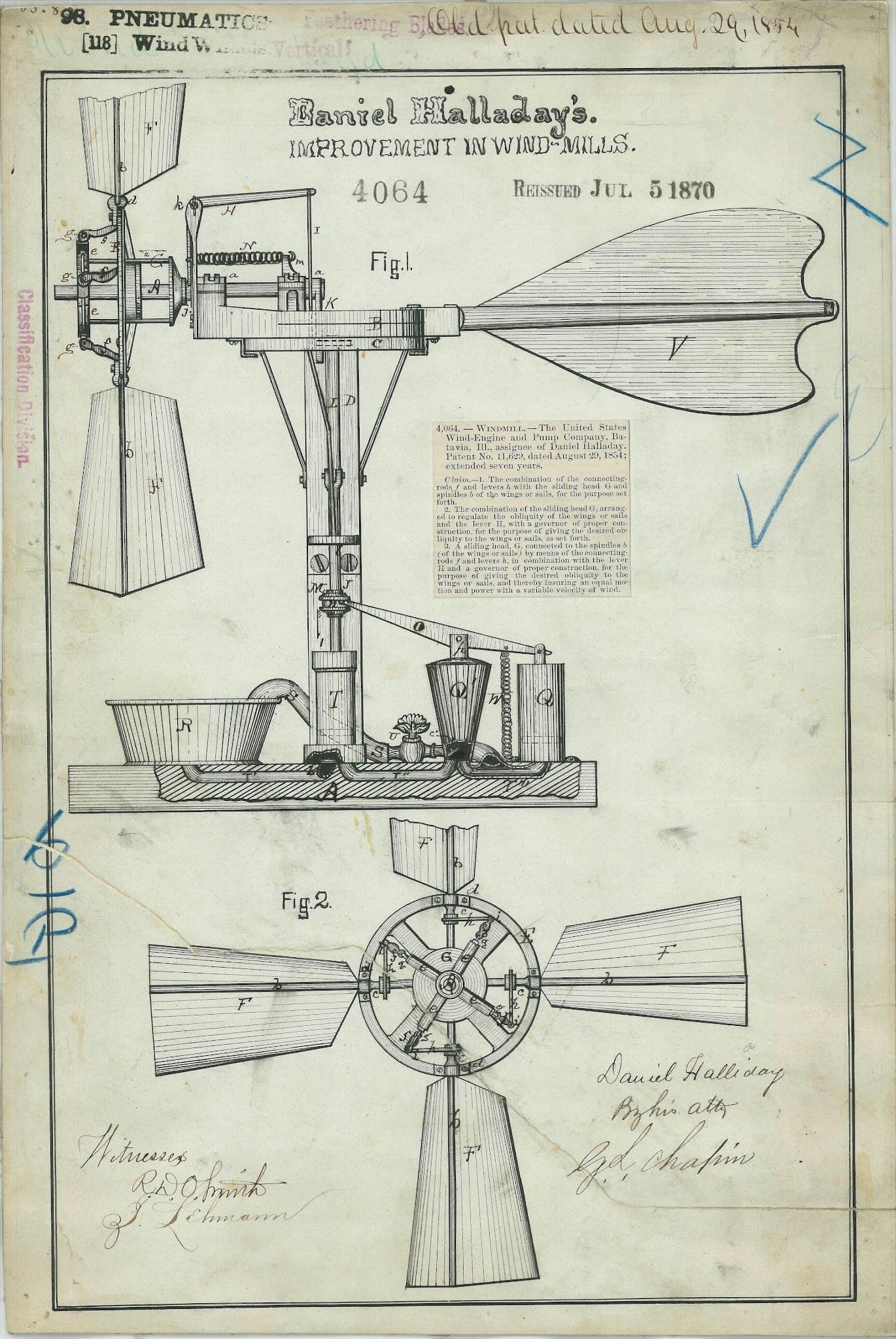 Historic Daniel Halladay patent drawing illustrating an early American windmill design and mechanism